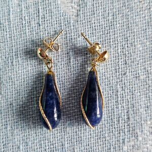 Lapis & Goldtone Wire Wrapped Teardrop Dangle Earrings 1.2 Inch